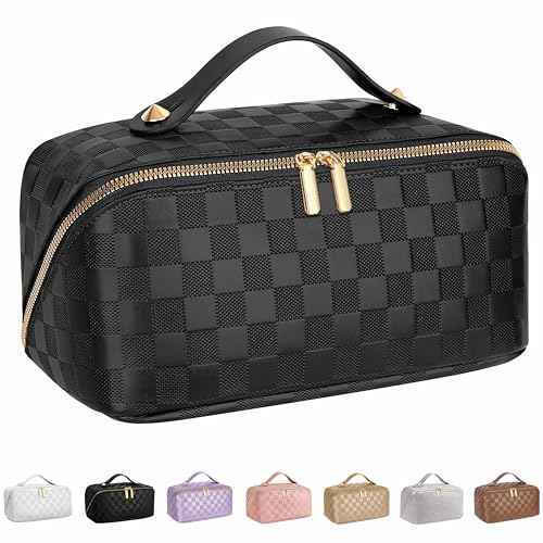 Large Capacity Travel Cosmetic Bag - Portable Makeup Bags for Women Waterproof PU Leather Checkered Makeup Organizer Bag with Dividers and Handle,Toiletry Bag for Cosmetics