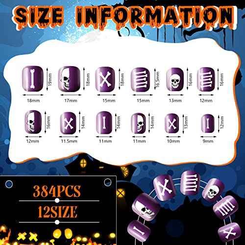 384 Pcs 16 Pack Halloween Press on Nails Halloween Short Fake Square False Nails Plastic Artificial Nail Tips Full Cover Coffin with Ghost Pumpkin Spider Pattern for Women(Fresh Pattern)