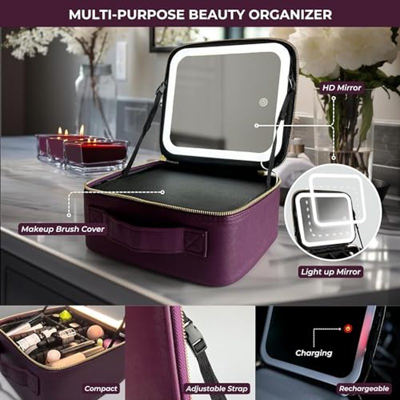 ZEVGANI Travel Makeup Bag with LED Mirror, Rechargeable Lighted Makeup Case with Adjustable Brightness & Dividers, Portable Makeup Box Organizer Vanity Case for Toiletries & Brushes, Plum Purple