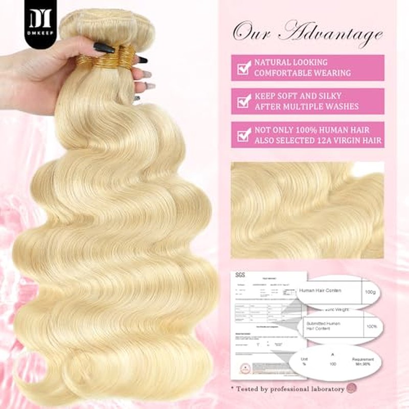 DMKEEP 613 Bundles Human Hair 20 Inch - 12A Blonde Body Wave Bundles 100% Unprocessed Brazilian Virgin Hair Single Bundle 100g Quick Weave Real Human Hair Extensions
