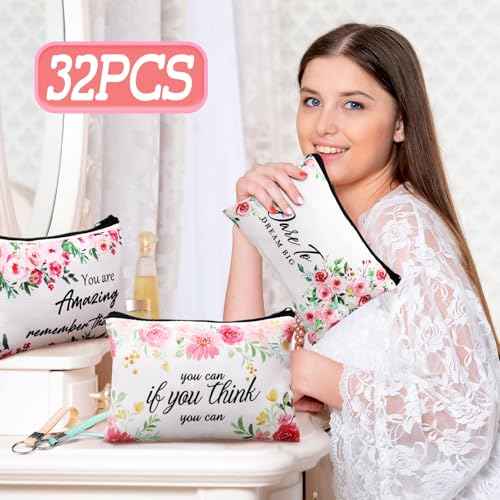 Hillban 32 Pcs Canvas Cosmetic Makeup Bag Women Christmas Inspirational Gifts Travel Toiletry Makeup Bag Pouch with Inspirational Keychains for Christmas Women Teacher Appreciation Gift(Flowers)