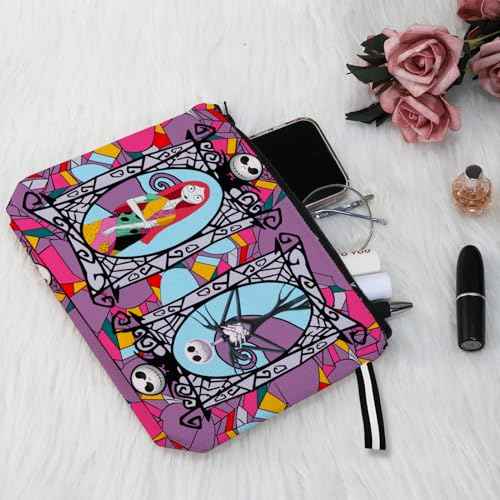 Portable Jack & Sally Themed Makeup Bag, Before Xmas Nightmare Cosmetic Bag, Jack Skellington & Sally Portable Travel Cosmetic Organizer- Cotton & Linen, Water-Resistant, 9.8x7 Inches