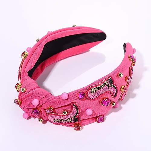 Western Cowgirl Headband Accessories for Women Beaded Cowboy Boot Embellished Headband Rhinestone Crystal Pearl Top Knot Hairband Rodeo Nashville Bachelorette Party Country Concert Outfit (Hot Pink)