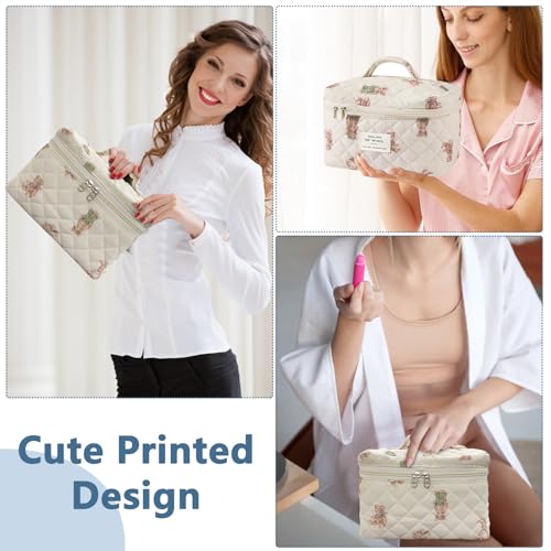 Large Makeup Bag, Cute Cosmetic Bag for Women Girls, Floral Coquette Aesthetic Toiletry Bag, Travel Make Up Organizer Bag (White-Bear)