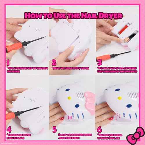 Townley Girl Hello Kitty 8 Pack Non-Toxic Peel-Off Shimmer and Opaque, Water-Based Safe Nail Polish Set with Nail Dryer for Kids, AA Batteries Not Included, Ages 3 and Up