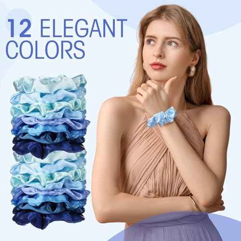 Tatuo 24 Pieces Rainbow Hair Scrunchies Elastic Bands Scrunchy Colorful Hair Ties for Women Girls Gymnastics Birthday Party Favors, Large (Blue Series Color,Satin)