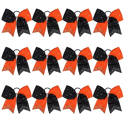CEELGON Large Rhinestones Cheer Bows, 12 PCS Glitter 7" Cheer Bows Ponytail Holder for Cheerleaders Girls Softball Sports Competition (Orange/Black)