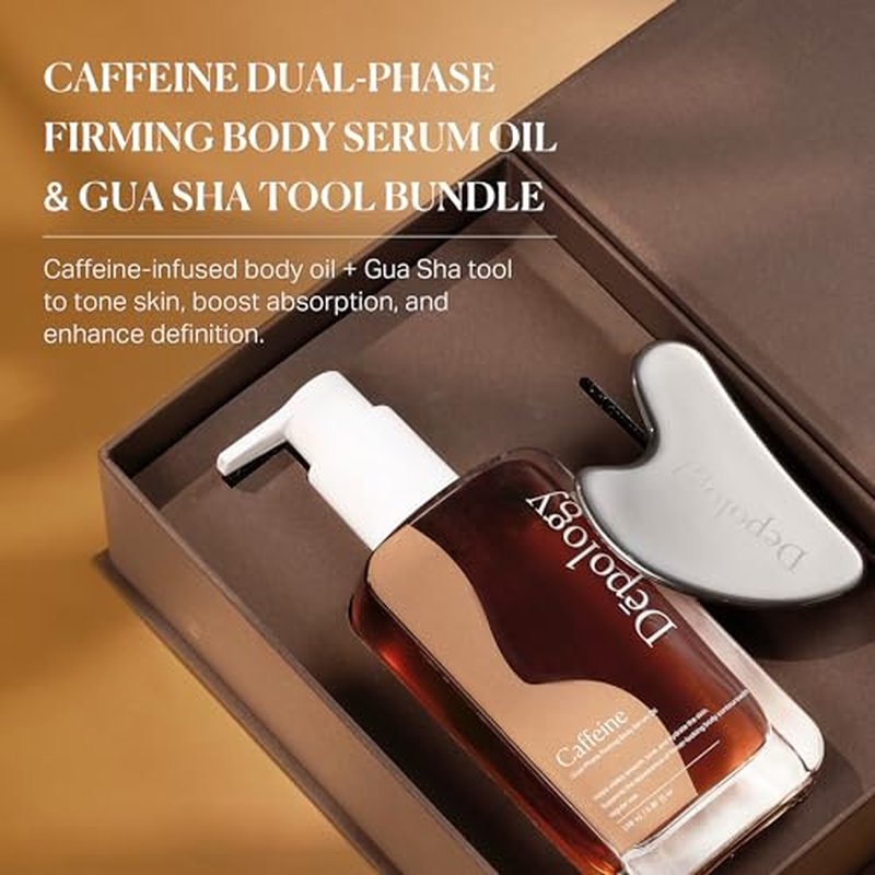 depology Caffeine Body Firming Serum Oil ? Non-greasy Hydrating Body Glow Dual-Phase Oil for Dry, Aging Skin with Gua Sha Tool ? Skin Tightening Oils with Squalane, Camellia & Caffeine ? 5.07 fl oz