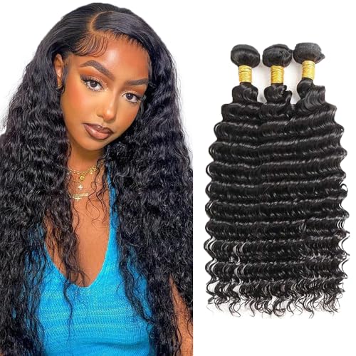 Human Hair Bundle Natural Black Deep Wave Bundles 20 22 24 inch 100% Unprocessed Brazilian Virgin Hair 3 Bundles #1b Color Natural Black 150g