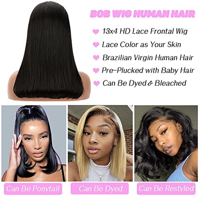 LICHANG 13x4 HD Lace Front Bob Wigs 14 Inch Straight Bob Wig Human Hair