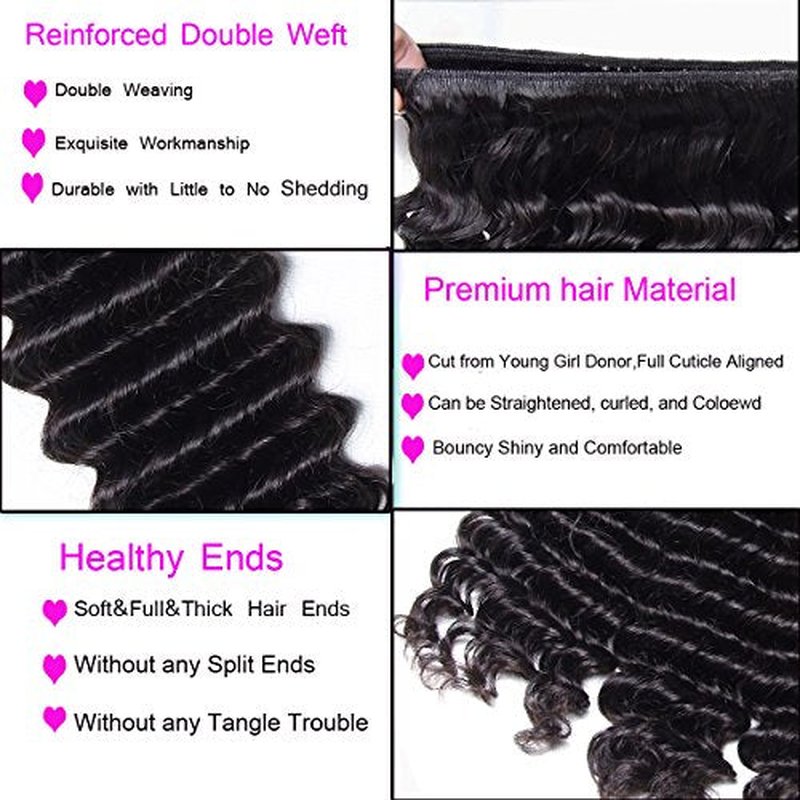 UNICE Deep Wave Human Hair Weave 1 Bundle 16 inch Unprocessed Brazilian Virgin Human Hair Sew in Extensions Natural Black Color Can be Dyed and Bleached