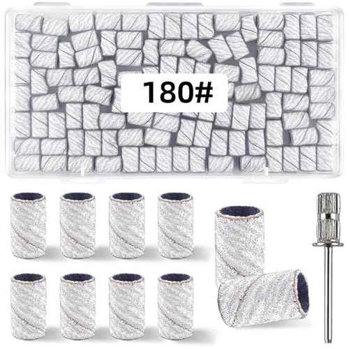 100 Pcs (180 Grit White)Sanding Bands Nail Drill Bit with 0.31in diameter,Nail Drill Bits Extreme Fine Grit Sanding Band,Sanding Belt Upgrade Mandrel Bits,Professional Nail Drill Bit for Acrylic Nails
