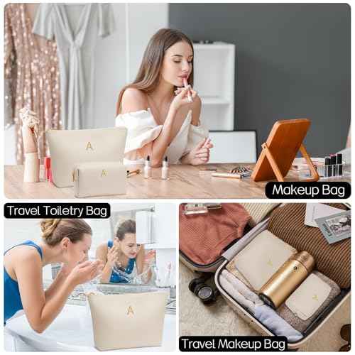 Women Gifts | Initial Makeup Bag Set for Girl Personalized Gifts for Bridesmaid Friend Graduation Teachers PU Leather Cosmetic Travel Toiletry Bag(Beige,A)