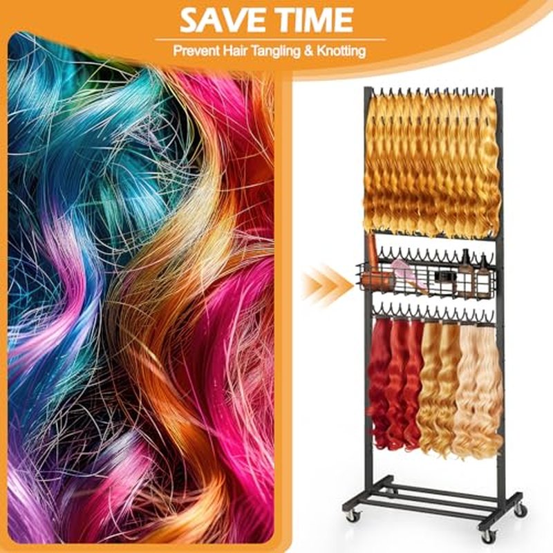 2-Sided Braiding Hair Rack with Wheels, Standing Hair Extension Holder with Salon Tray, Braiding Rack Stand for Hair, 286 Pegs Hair Racks for Braiders Standing,