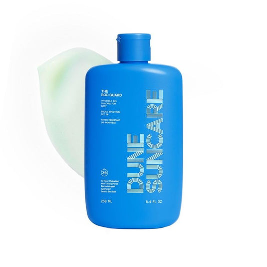 DUNE The Bod Guard Invisible Gel Body Sunscreen SPF 30, Broad Spectrum Sun Block, Clear No White Cast Sunscreen, 72 Hour Hydration, Water Resistant, Reef Friendly, Non-Greasy Body Sunscreen, 8.4 Fl Oz