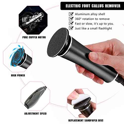 Electric Foot File Callus Remover Professional Foot File Pedicure Tools Adjustable Speed 60pcs Replacement Sandpaper disc Easy to Remove Cutin Dead Skin calluses(Black 60pcs)