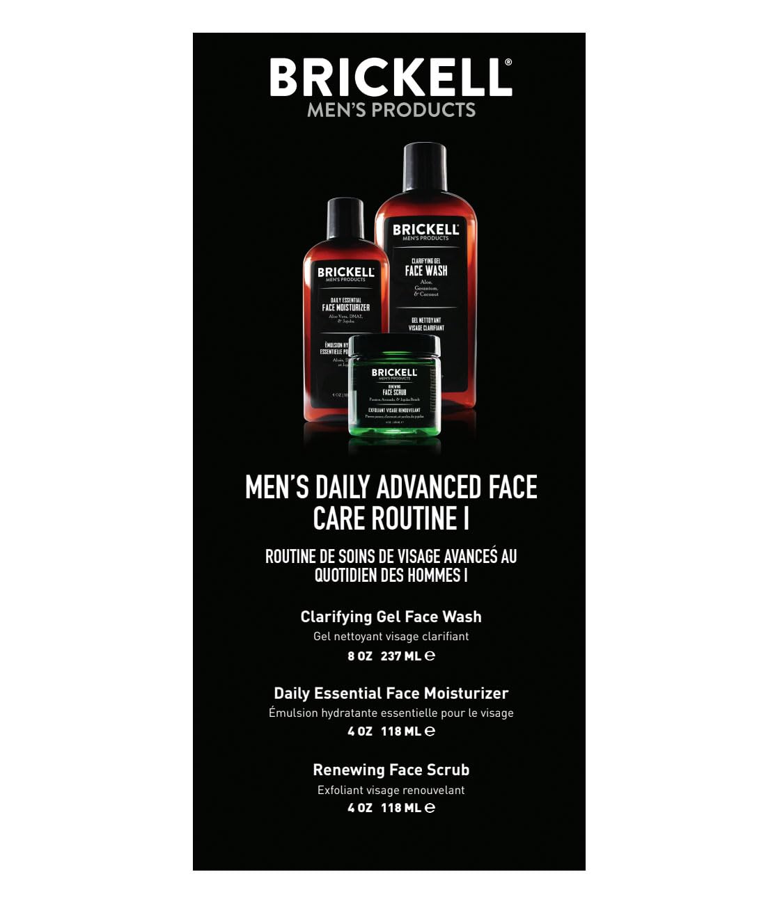 Brickell Men's Daily Face Care Routine - Gel Cleanser, Scrub & Moisturizer with Hyaluronic Acid | Unscented Skin Care Gift Set