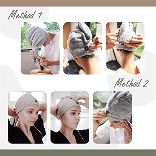 myHomeBody Hair Towel Wrap, Luxury Quick Drying Turban, Ultra Soft Absorbent Charcoal Fiber Cap, with Coconut Shell Button ? Gray