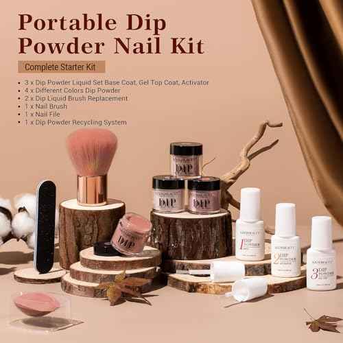 AZUREBEAUTY Dip Powder Nail Kit Starter, Fall 4 Colors Skin Nude Brown Glitter, Acrylic Dipping Powder Liquid Set with Base/Top Coat Activator for Daily French Nail Art Manicure DIY Gift 12 Pcs