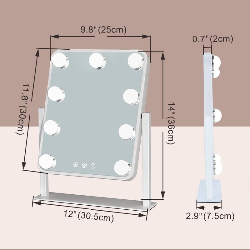 Leadzones Hollywood Vanity Mirror with Lights,Tabletop Makeup Mirror with 9 LED Lights Smart Touch Control 3 Colors Light 360°Rotation Detachable 10X Magnification