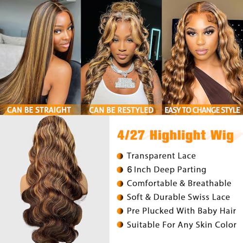 Highlight Ombre Lace Front Wigs Human Hair 13x6 Body Wave Frontal Wigs Pre Plucked With Baby Hair 180% Density 4/27 Colored Honey Blonde Wig Human Hair for Women 24 Inch