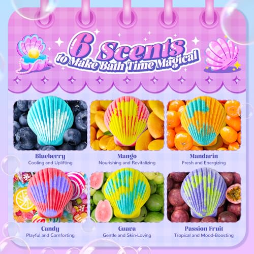 Shell Bath Bombs for Girls ? 12 Pack Child-Safe Aromatherapy Bath Bombs with 20 Surprise Toys Inside, 6 Fruity Scents in 2 Gift Boxes (Mermaid & Unicorn Themes), Christmas Gift for Kids