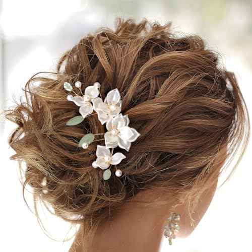 5pcs Camellia Flower Tassel Hair Pins, Vintage Chinese Rhinestones Pearl Hair Sticks, Floral Bun Updo Hair Comb Clip, Bridal Headpiece for Women Wedding, Parties - White