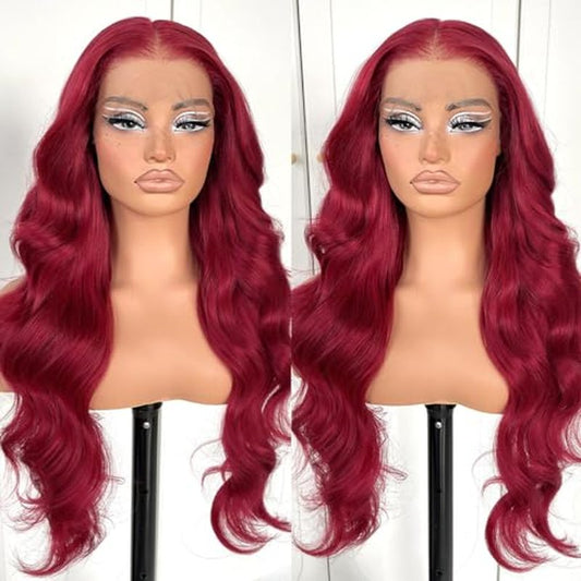 99j Burgundy Lace Front Wigs Pre Plucked Gluless Red Body Wave Lace Front Wigs Synthetic HD Lace Front Wig for Black Women 24 Inch