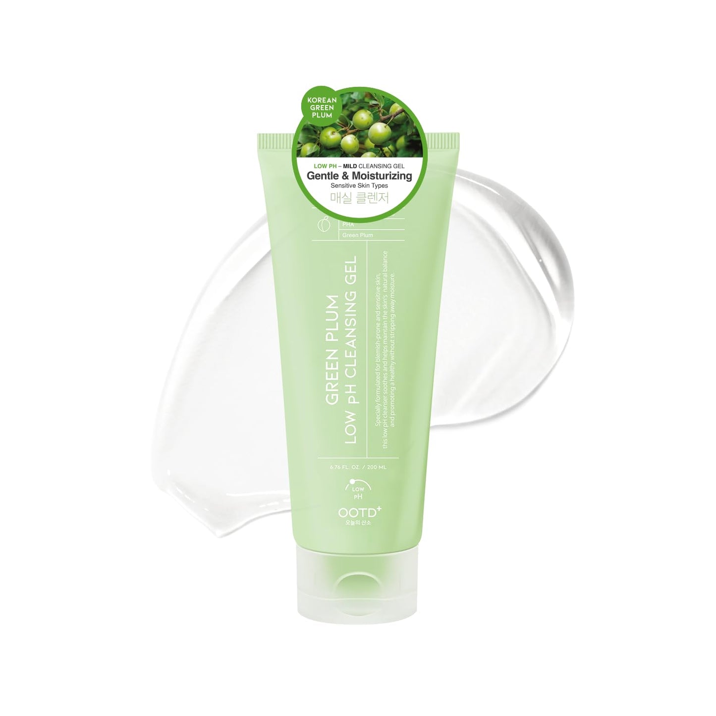 #OOTD Hydrating Facial Cleanser, Gentle Soothing Korean Cleanser Face Wash for Acne-prone Sensitive Skin. Green Plum Low pH Cleansing Gel 200ml 6.76 Fl. Oz.