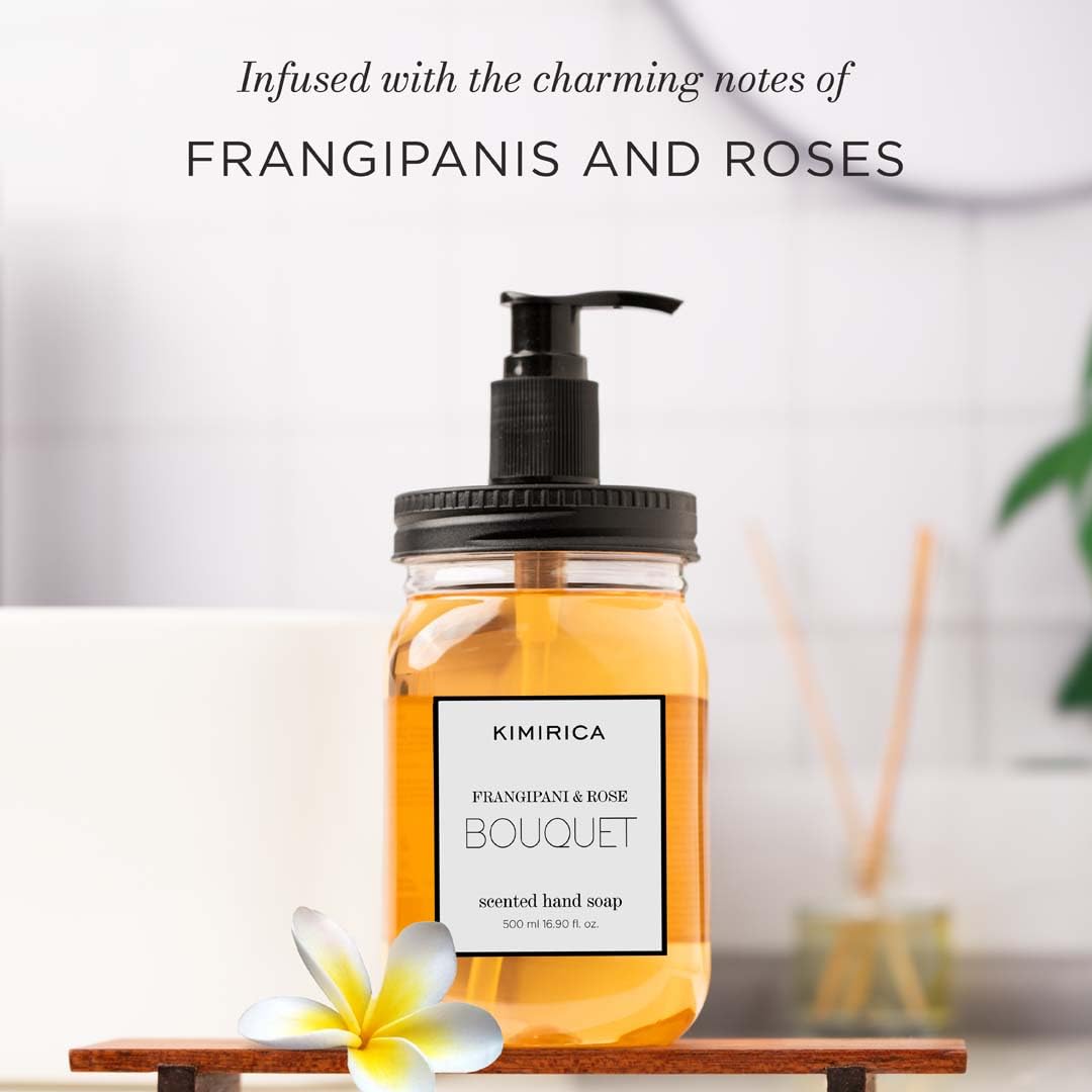 Kimirica Frangipani & Rose Scented Bouquet Hand Soap | Keep Hands Clean, Soft and Well Moisturized | Gentle, Natural & Plant Based Formula | 16.91 Fl Oz/500 ml