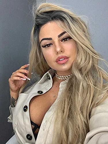 Ombre Blonde Lace Front Wig - Dark Roots & Body Wave | 24-Inch Heat Resistant Fiber Hair Replacement