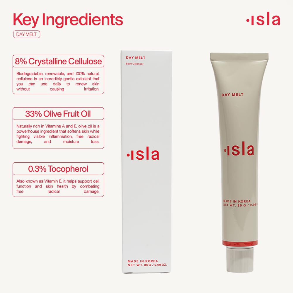 ISLA Day Melt Cleansing Balm Melts Makeup, SPF & Pollution Without Stripping, Olive Fruit Oil, Crystalline Cellulose & Vitamin E, Barrier-Safe Balm-to-Milk Cleanser, Made in Korea, 2.99 oz