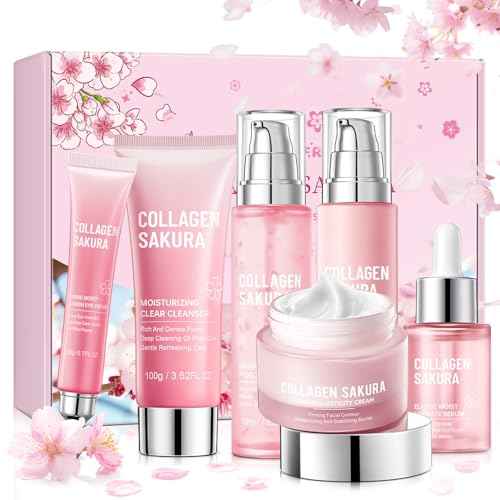 Collagen Sakura Skincare Gift Set, Cherry Blossom Skin Care Set for Teen Girls & Women, Moisturizing & Revitalizing Skin, 6Pcs Collagen Skin Care Routine Kits for Face, Korean Daily Skin Care