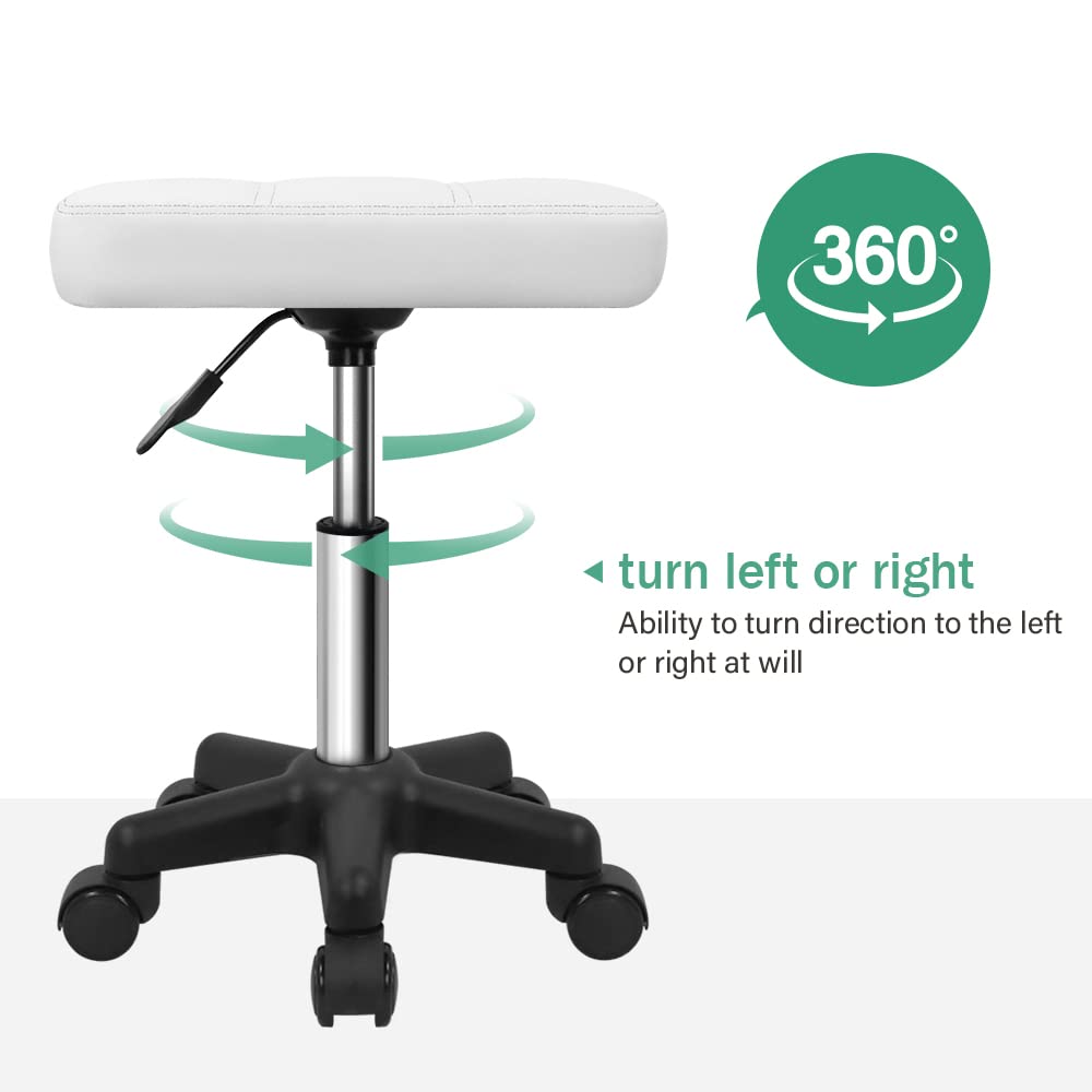 FURWOO Rectangle Rolling Stool with Wheels Height Adjustable Swivel Stool Chair for Spa Salon Massage White