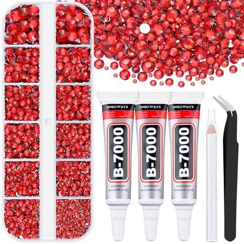 6000Pcs Resin Rhinestones for Bedazzling with 3Pcs B7000 Jewelry Glue, 1 Box Red Flatback Rhinestones for Crafting Crafts DIY, Crystals Gems for Clothing Shoes Tumblers Nail Art Makeup