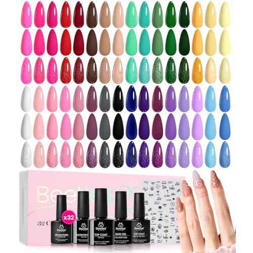 beetles Gel Polish Fall Gel Nail Polish Set Purple Orange Red Brown Black White Blue Nude Green 32 Colors All Seasons Kit with Base Glossy Matte Glitter Top Coat Gifts for Women Fingertips Canvas