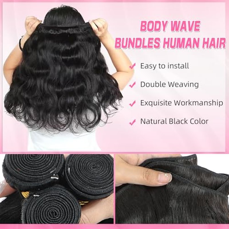 Body Wave Bundles Human Hair 12A Human Hair Bundles 10 12 14 Inch Brazilian Virgin Hair Extensions 100% Unprocessed Human Hair Body Wave 3 Bundle Natural Color