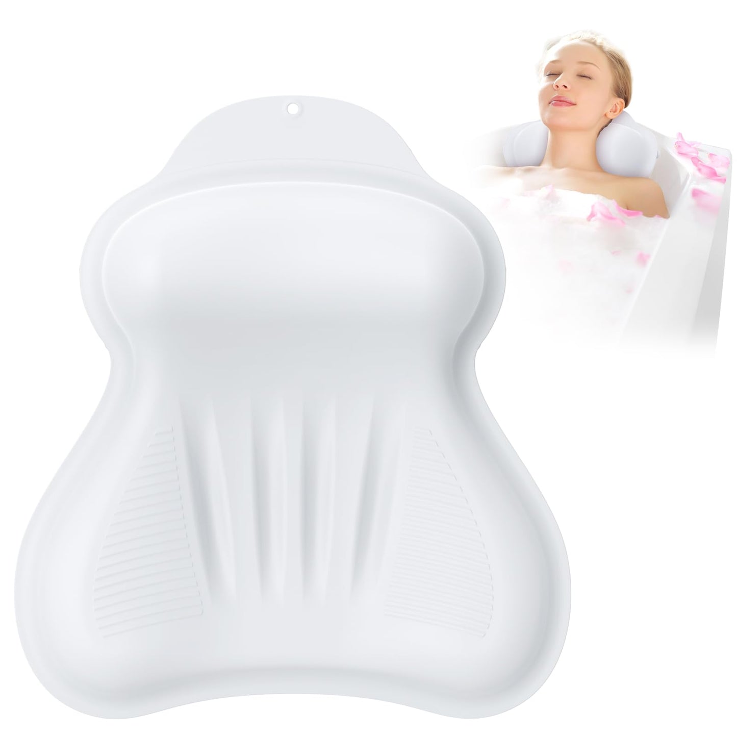 Silicone Bath Pillow, New Material Bath Pillows for Tub Head Neck and Back Support, Bath Tub Pillow with 4D Press Inflatable Airbag and Non-Slip Strong Suction Cups, Quick-Drying, Easy to Store, White