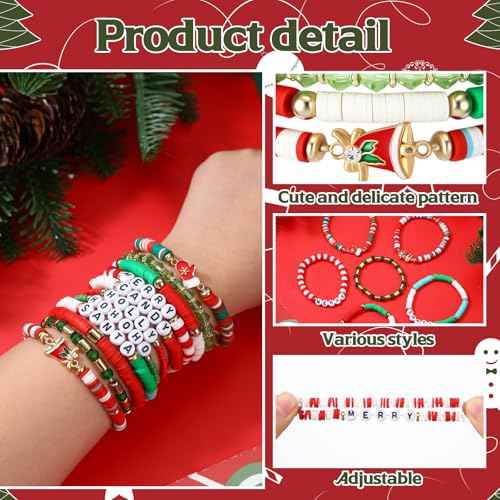 Tondiamo 72 Pcs Christmas Bracelets and Scrunchies Christmas Party Favor Gift Red Green Santa Joy Merry Candy Holiday Stackable Stretch Friendship Bracelets and Scrunchies with Gift Cards for Women