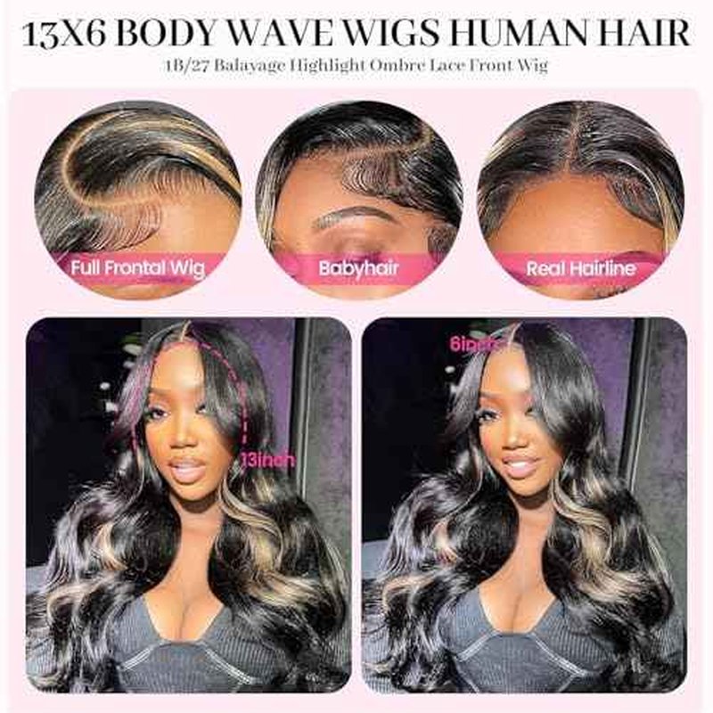 Ombre Body Wave Lace Front Wig Human Hair Pre Plucked 1B/27 Highlight Lace Front Wig Human Hair 200% Density HD Lace Frontal Glueless Wigs For Black Women 20Inch