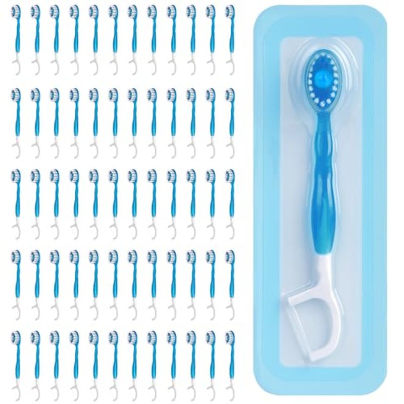 60 Count Disposable Mini Travel Toothbrushes Individually Wrapped, 5-in-1 Pre-Pasted Mini-Brush+Floss+Pick+Tongue Scraper, On The Go Portable Toothbrush with Freshening Bead, Coolmint