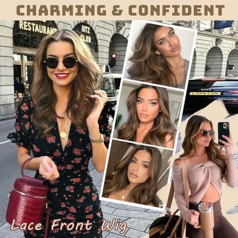 Brown Synthetic Lace Front Wig 13x4 Pre Plucked Highlight Body Wave Wigs for Women Heat Resistant Hair 22 Inch Daily Use