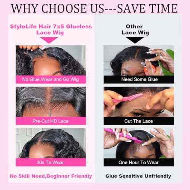 7x5 Deep Wave Lace Front Wigs Human Hair Drawstring Wear and Go Glueless Wigs Human Hair Pre Plucked Pre Cut 200 Density Curly Lace Front Wig for Women Beginner Friendly Glueless Deep Wave Wig 18 Inch