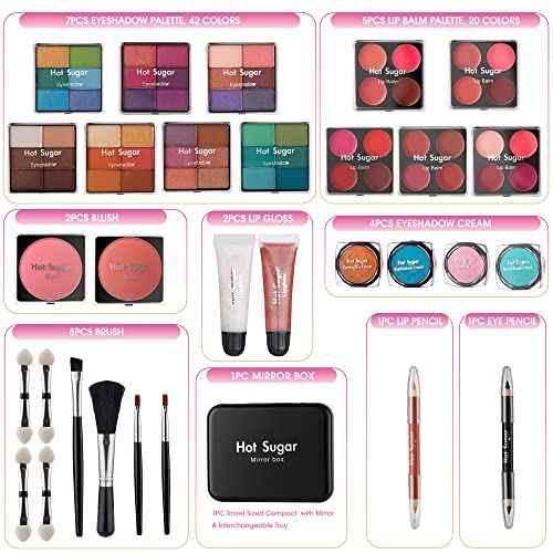 Hot Sugar Makeup Kit for Teenager Girls - Full Starter Cosmetics Set with Eye Shadow Lip Balm Blush Lip Gloss Brush Lip Pencil Eye Pencil and Mirror (Purple Love)