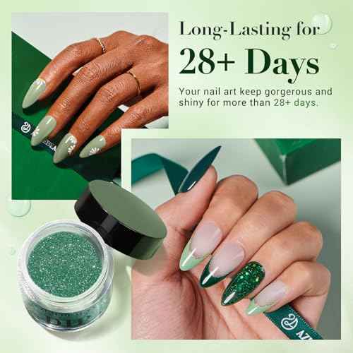 AZUREBEAUTY St. Patrick's Evergreen Dip Powder Nail Kit, 6 Colors Glitter Green Sparkle Forest Dark,Dipping Powder Color French Nail Art Manicure DIY Salon Gifts for Women, No Need Nail Lamp Cured