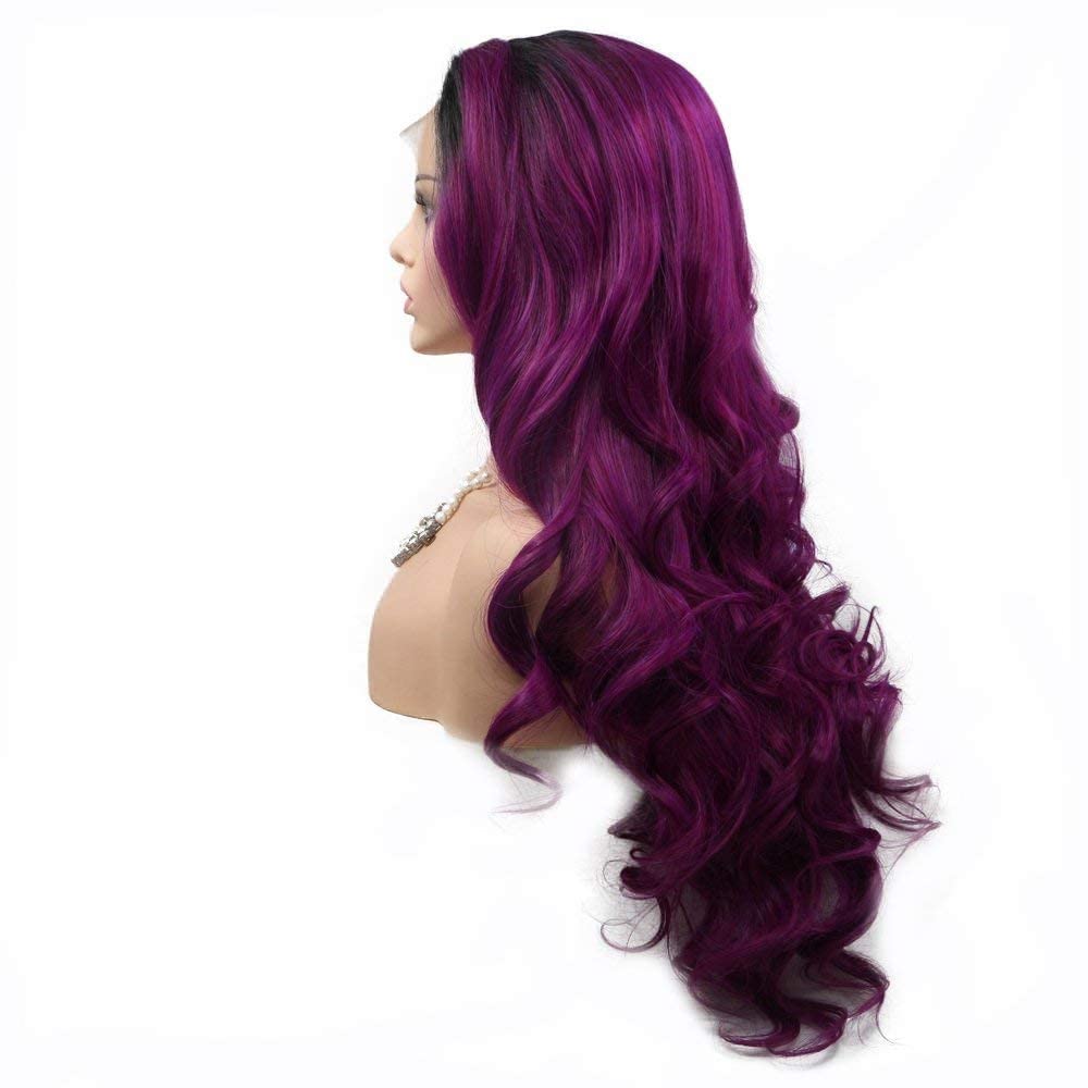 Kalisa Dark Purple Long Wavy Synthetic Lace Front Wig Ombre Purple with Black Root Side Part Wig Heat Resistant Fiber Makeup Wig for Women 24 Inches