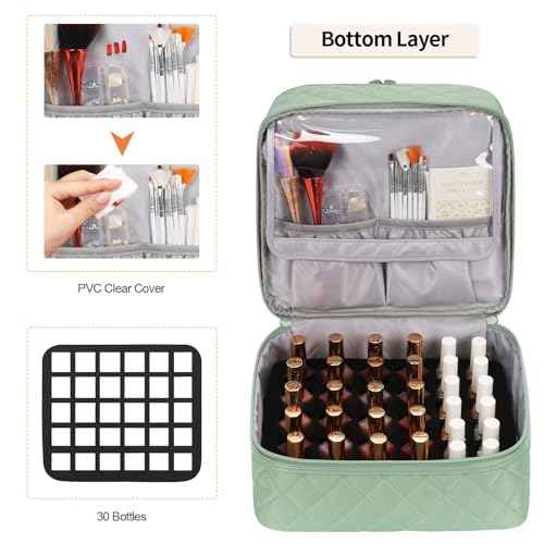 Ethereal Small Nail Polish Organizer Case Holds 30+ Bottles(15ml/0.5fl.oz) and Nail Lamp, Double Layer Nail Polish Storage Bag for Nail Kit, Manicure Tools, Green