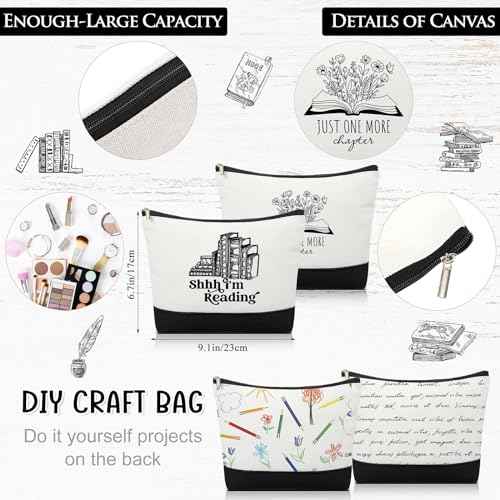 12 Pcs Book Club Gifts Book Tote Bag for Book Lovers Reading Quote Tote Bag Makeup Bag Reusable Cosmetic Bag with Metal Zipper Bookish Librarian Gifts for Women