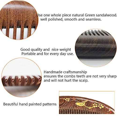 Handmade Wooden and Natural Sandalwood Combs Set - Detangling Fine Tooth Comb with Handle for Women, Anti Static Moon Shape Comb for Straight, Wavy, Dry, Thick or Fine Hair