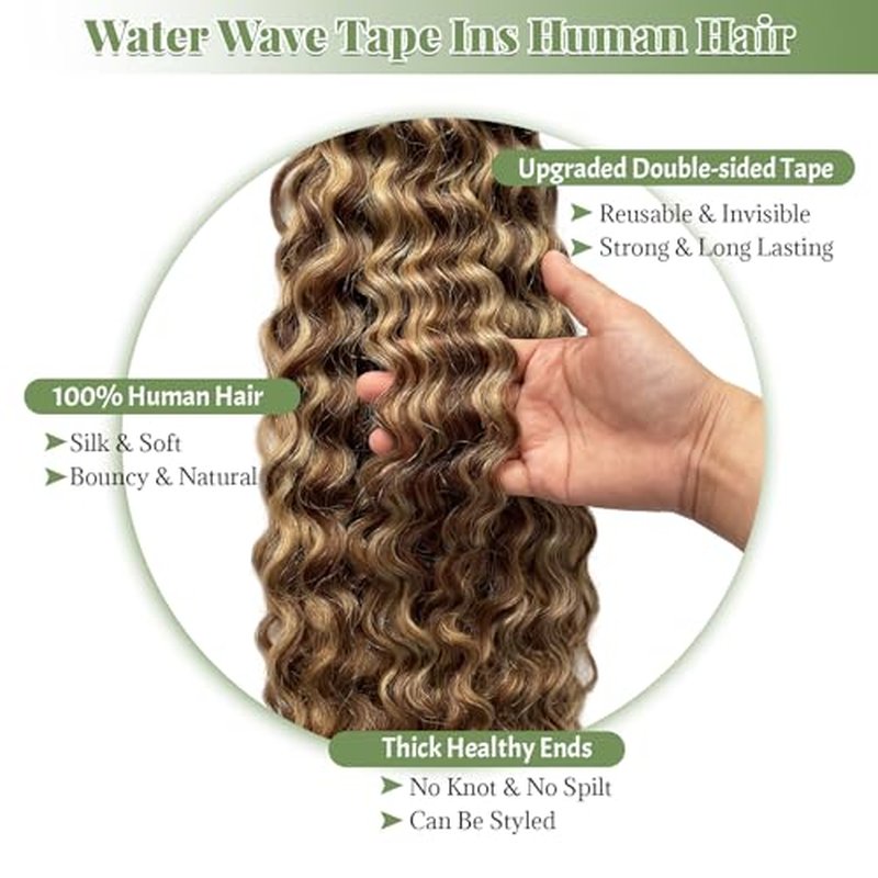 Water Wave Tape in Hair Extensions Strawberry Blonde Ombre Remy Thick Tape ins Human Hair Extensions Seamless Invisible Double Sided Skin Weft Curly Wavy Tape ins 22in 50Grams Add Volume